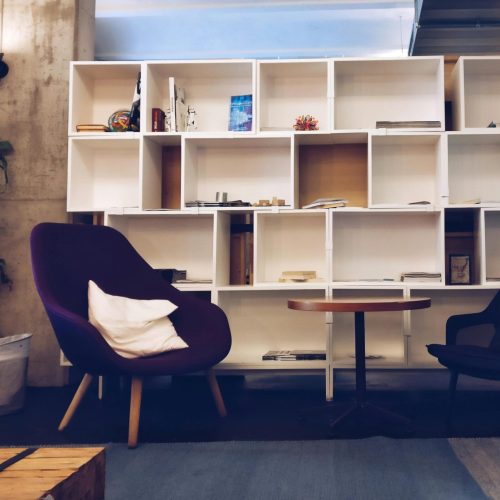 A stylish living room featuring modern furniture, bookshelves, and decorative plants.